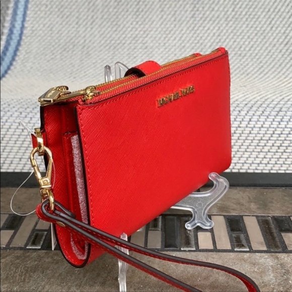 Michael Kors Jet Set Travel Large Double Zip Wallet Wristlet Leather Flame - Picture 4 of 14